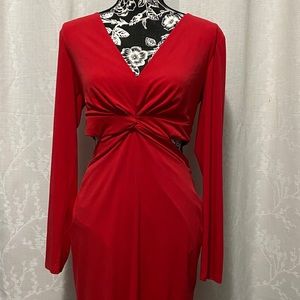 Sexy red, open-back, long-sleeve dress.